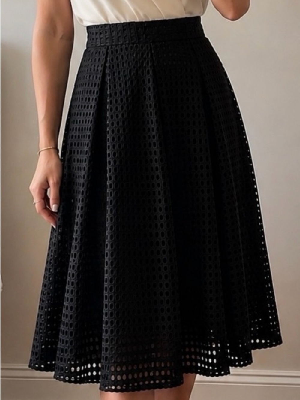 H&M Black Textured Flared Midi perforated work dress Skirt eyelet a line